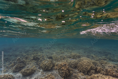 Photos VView pattern of bubbles and ripples above and calm waters below the waterline o