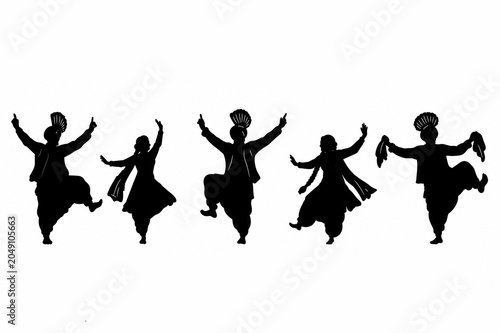 Indian culture Panjabi dance bhangra silhouette set vector illustration PNG transparent background