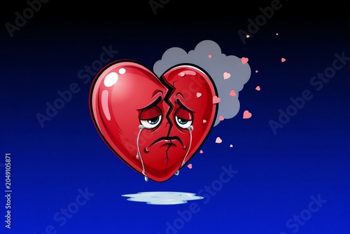 
Cartoon Broken Heart Character Crying with Small Hearts and Smoke Cloud Floating on Dark Blue Background