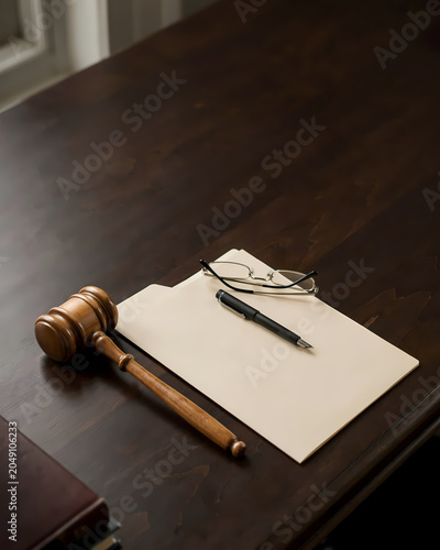 Wooden gavel pen glasses and paper on dark brown wooden desk in office room transparent background
