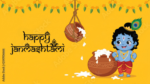 Cheerful baby Krishna with overflowing butter pot for Janmashtami festival greeting banner design