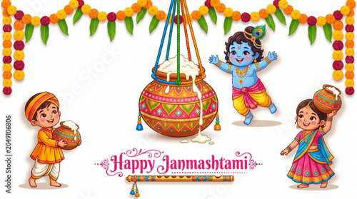 Playful baby Krishna with festive dahi handi and joyful children for Janmashtami celebration banner