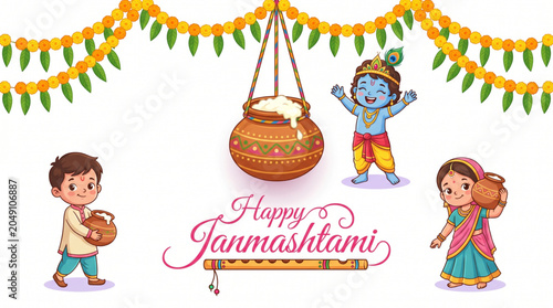 Cheerful baby Krishna with dahi handi and festive children for Janmashtami celebration greeting design
