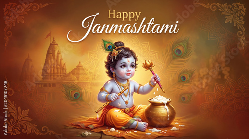 Playful baby Krishna with butter pot during Janmashtami celebration for festive greeting and branding