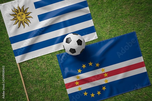 Uruguay and cape verde flags with soccer ball