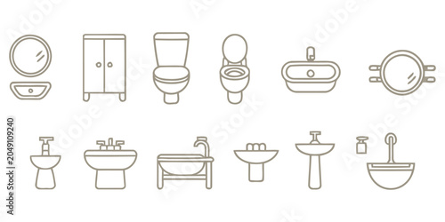 Tableau sur toile Set of bathroom plumbing fixtures and sink designs in line art style