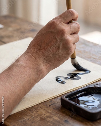Hand calligraphy brush stroke on rice paper macro mindfulness traditional craft