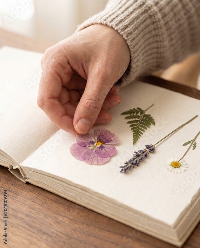 Hand pressing dried wildflower botanical paper macro slow craft pressed flowers