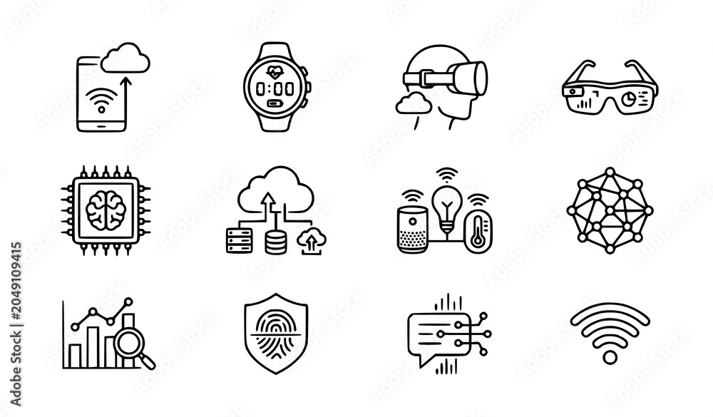 Fototapeta premium Minimal smart technology line art vector set with cloud devices and AI icons