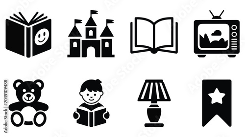 Canvastavla Childhood Icons Black Vector Featuring Teddy Bear, Storybook, Castle and Lamp Sy