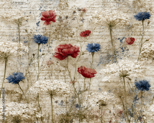Light Shabby Chic Floral Pattern with Antique Script