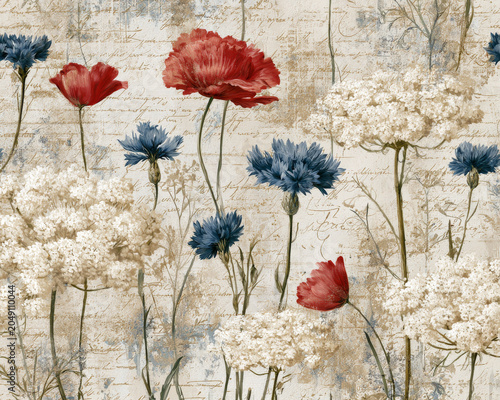 Light Shabby Chic Floral Pattern with Antique Script