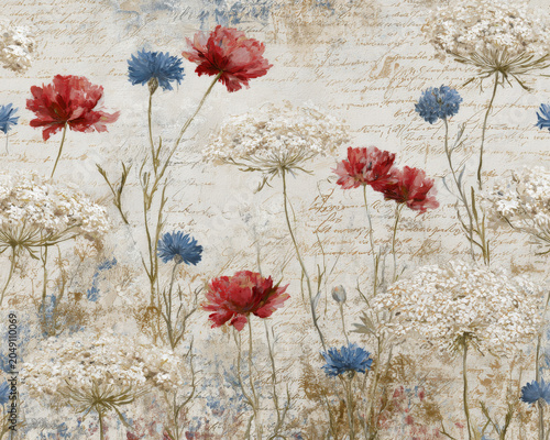 Vintage Floral Seamless Pattern with Light Grunge Background