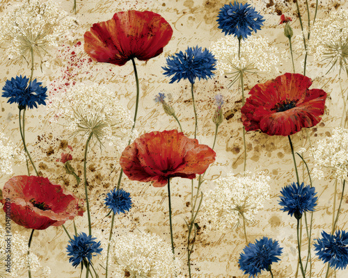 Watercolor Red Poppies and Blue Cornflowers Floral Print
