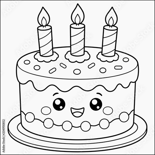 Black and white line art coloring page of a cute kawaii birthday cake with three lit candles and a smiling face, for children to color. Great printable activity for preschoolers.