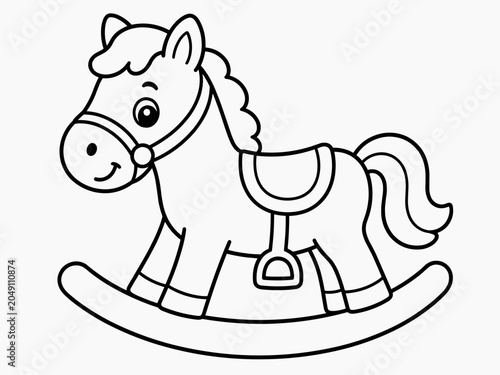 Black and white line art coloring page of a cute cartoon rocking horse toy with a saddle, drawn in a simple style for young children to color. Great printable activity for preschoolers.