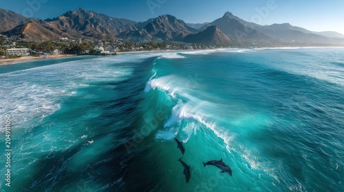 A powerful turquoise ocean wave curling over dolphins with mountains in the distance.