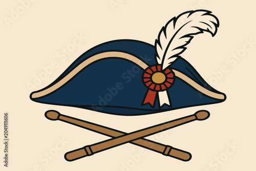 Vintage tricorn hat with feather and ribbon on crossed swords