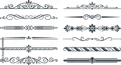 Elegant black ornamental dividers with filigree scrolls and symmetrical flourishes design.
