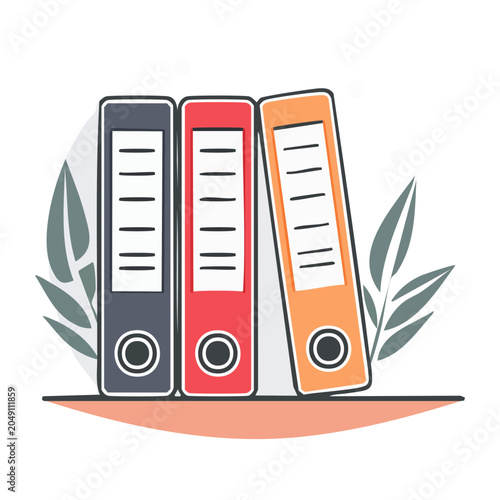 Three colorful ring binders on a shelf with leaves