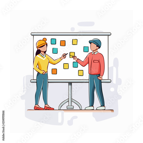 Two people planning on a whiteboard with sticky notes
