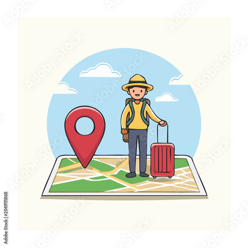 Traveler with luggage on a map, ready for adventure