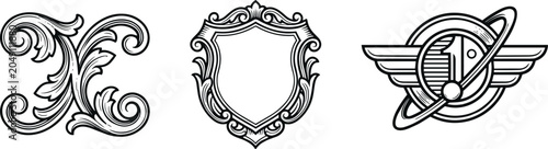 Ornate vintage flourish and decorative crest shield with aviation emblem.