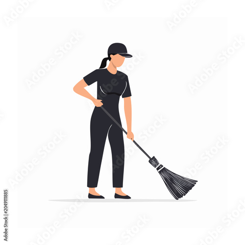 Woman in uniform sweeping with a broom