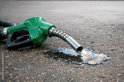 A gas nozzle is leaking fuel into a puddle of water  perfect for scenes where pollution or environmental issues are a concern