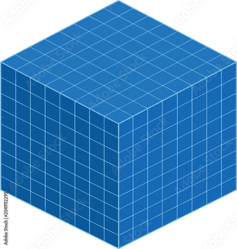 Foto Three-dimensional isometric blue cube composed of smaller unit blocks isolated o