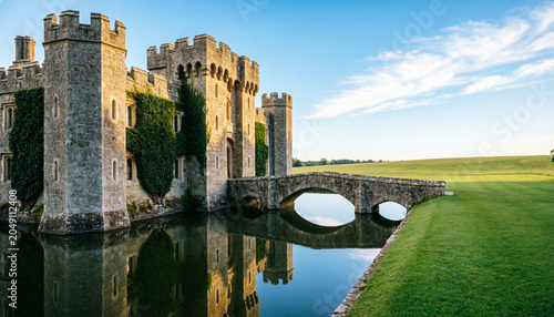 english castle with a moat, stone bridge, and ivy-covered walls