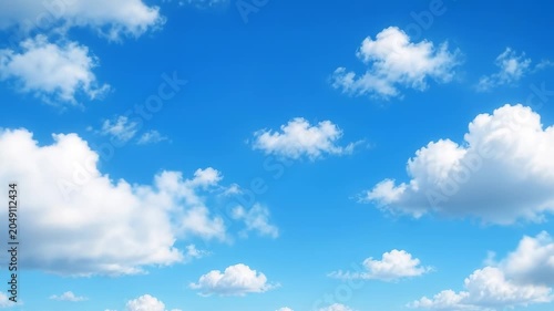 Bright blue sky with fluffy white clouds drifting gently across the horizon