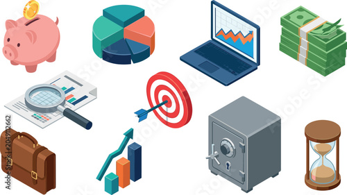 3D Isometric Business and Finance Vector Icon Set with Money Piggy Bank Growth Target Chart Safe and Laptop for Financial Management Analytics