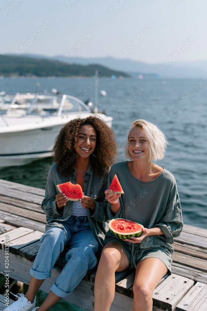 Obraz premium Two women sharing watermelon on a wooden dock by a boat at the lake for summer banner and lifestyle background