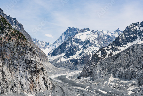 Mer de Glace glacier winding through the Mont Blanc massif in the French Alps