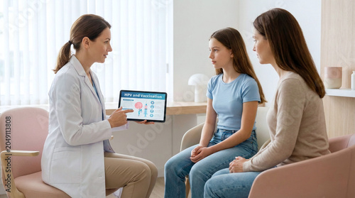 Doctor explains HPV vaccination to mother and teenage daughter in a clinic consultation room