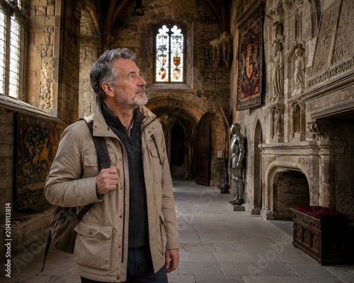 Man exploring historic castle interior, admiring ancient architecture and tapestries on display within a grand hall