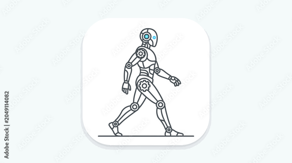 Fototapeta premium Modern linear icon of a walking robot with mechanical gear joints, automation