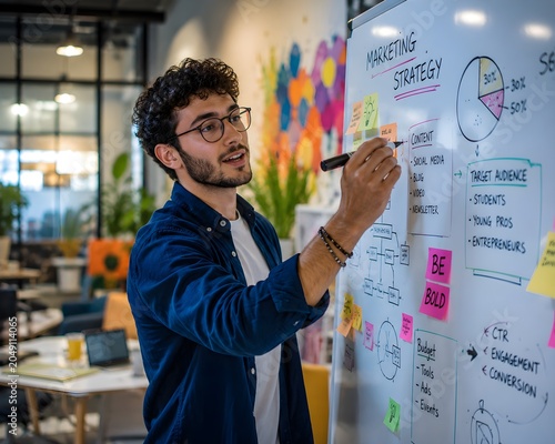 Young professional strategizing marketing plan on a whiteboard with colorful sticky notes and diagrams