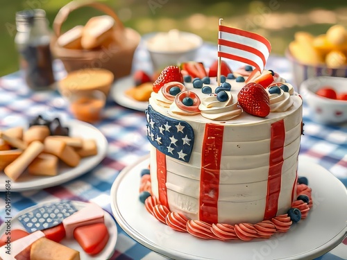 American flag cake with berries on table.