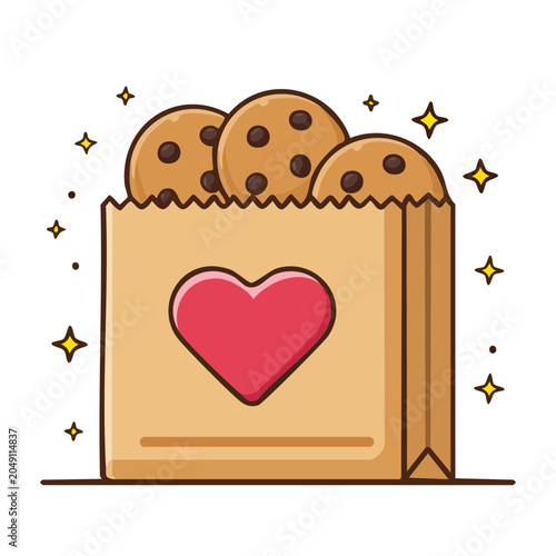 Chocolate chip cookies in a paper bag with a heart design