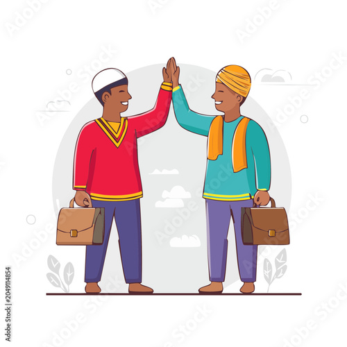 Diverse men in traditional attire high five with briefcases