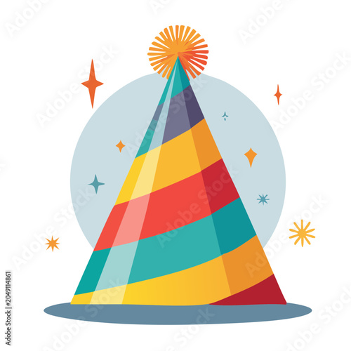 Colorful striped party hat with stars on white background