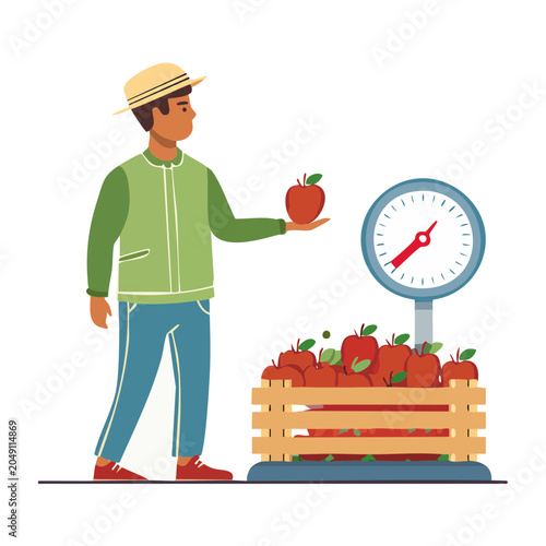 Farmer weighing apples with a scale