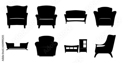 Black furniture set including chairs and sofa - Minimalist black silhouettes of armchairs, sofa, and side furniture in a clean style for modern interior design.