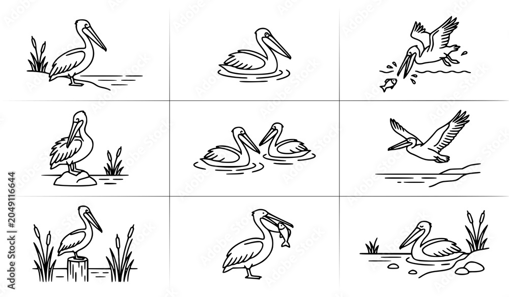 Fototapeta premium Minimal pelican bird line art vector set with water and coastal nature icons