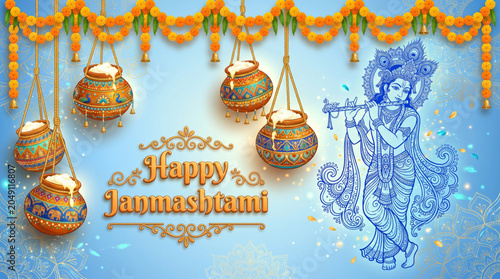 Festive dahi handi decorations with Krishna silhouette for Janmashtami celebration greeting banner