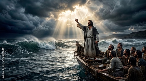 Jesus Christ Calms the Violent Storm on the Sea of Galilee Disciples in Awe Divine Light