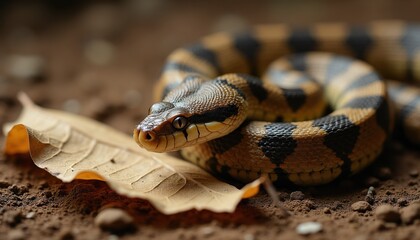 Close-up of coiled snake with brown, black patterns resting on dry ground near fallen leaf. Reptile shows intricate scales, watchful eyes. Focus on detailed skin texture, natural camouflage in