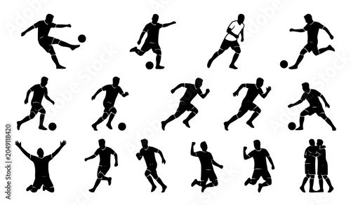 Obraz na plátne Modern soccer player silhouette collection with football kicking action vector i